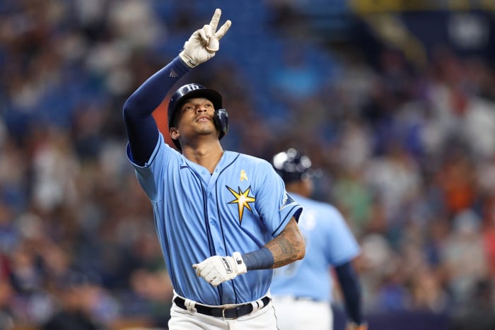 Tampa Bay Rays first baseman Christian Bethancourt (14) reacts after hittting a two-run home run against the New York Yankees in the seventh inning. (Nathan Ray Seebeck-USA TODAY Sports)